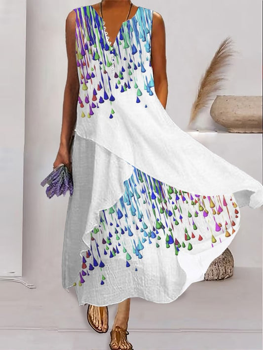 Women's Casual Double Layer Colorblock Printed Multi-Button Design V-Neck Vest Dress